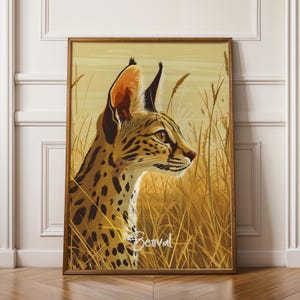 Poster da parete Serval – Stampa artistica di un gatto selvatico esotico, decorazione con animali da safari per casa e ufficio, regalo con illustrazione della natura vibrante