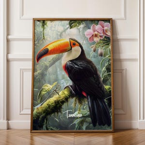 Poster da parete con tucano, stampa artistica di uccelli tropicali, decorazione colorata della giungla, illustrazione di fauna selvatica esotica per casa e ufficio