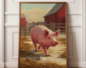 Arte mural de cerdos: adorable ilustración de animales de granja, decoración rústica, regalo para amantes de los animales