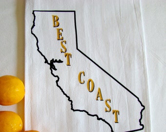 California BEST COAST tea towel, West coast CA state shape printed Flour sack dish towel, California theme gift, super cute