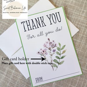Porta-cartão-presente de flores silvestres para impressão, cartão-presente para download instantâneo, agradecimento para impressão, presente para professor, presente para voluntário, presente para vizinho e colega de trabalho