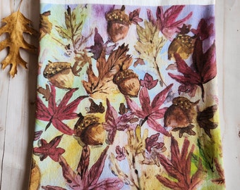 Fall Kitchen towel, Watercolor Acorns and Fall leaves printed flour sack tea towel