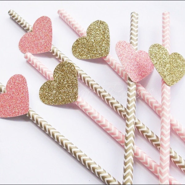 Pink & Gold, Paper Party Straws, Glitter Hearts, Chevron Or Stripe, Wedding Decor, Bridal Shower, Birthday Party, Sweet Sixteen, Set Of 24