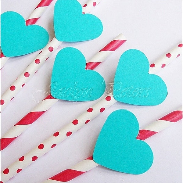 Party Straws, Red With Aqua Blue Hearts, Retro Theme, Birthday Party, Wedding Decorations, Bridal Shower Supply, Set Of 24, FREE SHIPPING