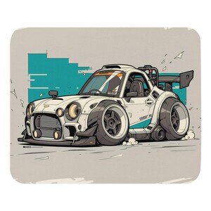 May include: A white cartoon-style sports car with exaggerated wide fenders, a large rear wing, and oversized tires. The vehicle features teal accents, a front grille, circular headlights, and a roll cage, set against a light background.