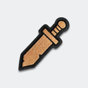 May include: Embroidered patch featuring a gold-colored sword with a black border. The sword has a detailed design, including the blade, hilt, and handle. The patch is likely designed to be ironed or sewn onto fabric, suitable for jackets, bags, or other apparel.