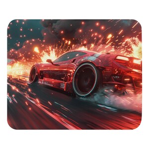May include: A dynamic illustration of a red sports car speeding down a track, with streaks of light and fiery explosions in the background. The car has a sleek design with black wheels and is set against a dark, dramatic sky.