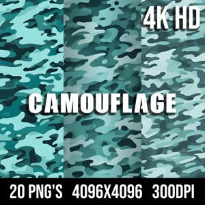 May include: A digital graphic design featuring a camouflage pattern in shades of teal and blue. The word "CAMOUFLAGE" is prominently displayed in white, along with text indicating 4K HD resolution and file details: 20 PNG's, 4096x4096, and 300DPI.