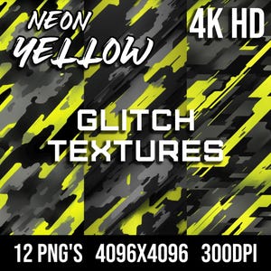 May include: Digital graphic design featuring a neon yellow and gray glitch texture. The image includes the text "NEON YELLOW", "GLITCH TEXTURES", and "4K HD". Additional text indicates 12 PNG files at 4096x4096 resolution and 300 DPI.