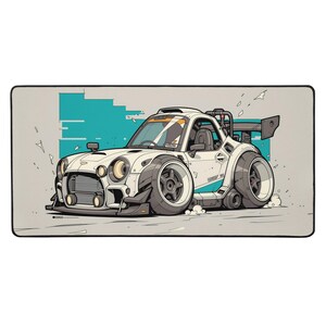 May include: White cartoon car with oversized wheels, a rear spoiler, and a roll cage. The car has blue accents and is set against a light gray background with a teal geometric shape. The image is a stylized illustration.