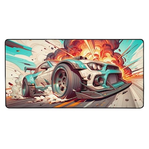 Mousepad gamer com tema de carros de drift JDM, tapete de mesa para corrida de rua, arte dinâmica e impactante.