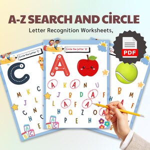 Hojas de trabajo de búsqueda y reconocimiento de letras de la A a la Z, actividades de aprendizaje del alfabeto, materiales educativos imprimibles para preescolar