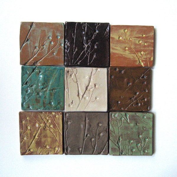 Ceramic Tile Set, Ceramic Coaster Set, Rustic Flower Stems Tiles ON SALE