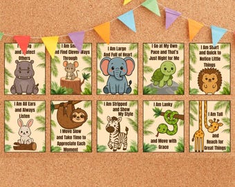 May include: A corkboard features ten illustrated cards with positive affirmations and adorable animal characters. The cards showcase a hippo, mouse, elephant, turtle, hedgehog, rabbit, sloth, zebra, snake, and giraffe, with colourful bunting above.
