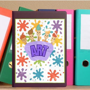 May include: A collection of colorful binders, including red, green, pink, teal, and yellow, arranged on a wooden surface. The central binder features the word "ART" with paintbrushes and paint splatters.