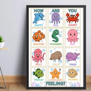 May include: A framed poster featuring colorful cartoon sea creatures representing different emotions. Each image has a corresponding emotion label, such as "Happy," "Sad," and "Angry." The text "How are you feeling?" is at the bottom.