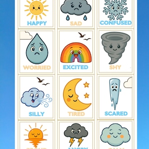 Póster de aprendizaje emocional para niños: 12 ilustraciones del clima para enseñar a reconocer emociones y sentimientos / Arte mural imprimible