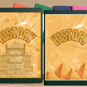 May include: Two dark green binders with the word "HISTORY" in large, gold letters. One binder features an illustration of a building, the other has pyramids. Both have a yellow background.