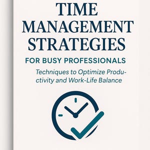 Puede incluir: Una portada de libro blanca con el título "TIME MANAGEMENT STRATEGIES" en azul oscuro. Debajo, se lee "FOR BUSY PROFESSIONALS" y "Techniques to Optimize Productivity and Work-Life Balance". Un icono de reloj con una marca de verificación está en la parte inferior.