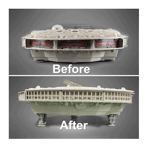 May include: A comparison of a toy spaceship model. The top section labeled Before shows a light gray hull with red and black rectangular panels. The bottom section labeled After shows the same model with a white grid-like vent structure installed.