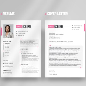 Plantilla de currículum en Canva rosa / CV sencillo y elegante / Currículum de 1 página + carta de presentación a juego