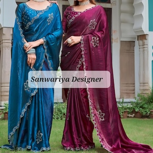 Blue Purple Silk Saree: Indian Wedding Partywear with Diamond Work