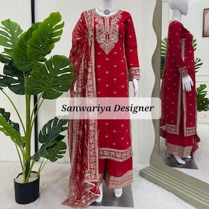 Red Palazzo Silk Salwar Suit Readymade Pakistani Salwar Kameez For Women Indian Wedding Festival Partywear Ethnic Designer Traditional Dress