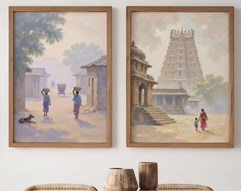 Indian Village Decor, Temple decor, Set of 2, Indian Vintage, Minimalist decor, South asian wall art,  South Indian Village Art