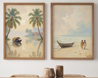 Indian Coastal Village Decor, Set of 2, Indian Vintage, Minimalist decor, South asian wall art,  South Indian Village Art