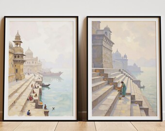 Vintage India, Desi Ghats, Set of 2, Varanasi, Hindu art, Ganges, Neutral Home decor, Watercolor Style, Digital download, Printable