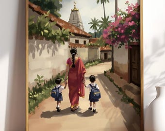 Woman in Saree Mother Child Art Print: Modern South Asian Wall Decor (Digital Download)