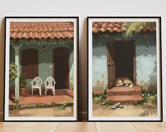 Set of Two, Village Art, Pet Art, Dog Art, Rural Nostalgia, South asian wall art, Indian Art, Cottagecore