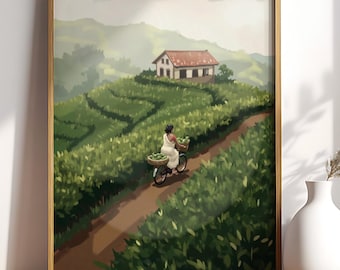 Woman Bike Print, Kerala Tea Hills, Brown Girl art, South asian wall art, Tamil Art, South Indian Village Art, Malayali girl, Mountain Print