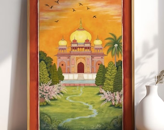 Schilderij zonsondergang Mogolpaleis: vintage Indiase volkskunst (digitale download)