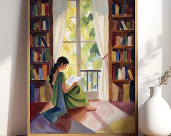 Indian Woman Reading Book Art, Boho Art, Desi Art, Indian Book Lovers Wall Art, South Asian Art, Indian Art, Indian Digital Print,Brown Girl