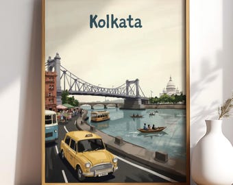 Puede incluir: Una impresión artística enmarcada con una ilustración en acuarela de Kolkata, India. La obra de arte representa un taxi amarillo, un puente, botes en el agua y el texto "Kolkata". La impresión se exhibe sobre una mesa de madera.