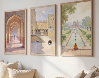 Vintage Indian Art, Set of 3 print, Delhi Art, Mughal Art, Neutral Home Decor, Warm and neutral tones, Traditional Indian art, Mughal Art
