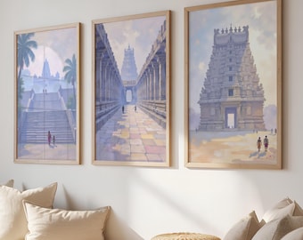 South Indian Temple Decor, Set of 3 prints, Indian Vintage Decor, Minimal Posters, Gopuram, South Indian Art