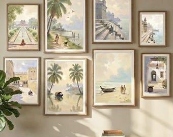 Vintage India Gallery Wall Set, Soft Watercolor Landscapes, Pan India Travel Art, Desi Nostalgia Bundle, Kerala Rajasthan Varanasi Decor