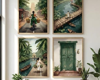 Set of 4 Tropical Indian Prints,Desi Gallery Wall,South Asian Village Art,Modern Brown Girl Decor, Eclectic Home Nostalgia, Digital Download
