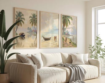 Indian Coastal Village Decor, Set of 3, Indian Vintage, Minimalist decor, South asian wall art,  South Indian Village Art