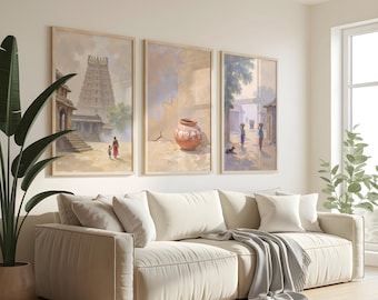 Indian Village Decor, Set of 3, Indian Vintage Art, Minimalist decor, South asian wall art,  Indian Village Art