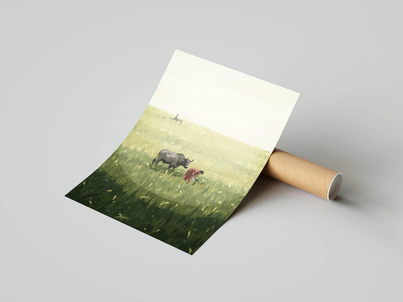 May include: An art print depicting a rural scene with a dark gray water buffalo grazing in a green field. A person in red clothing is also in the field. The print is rolled up and held by a brown cardboard tube.