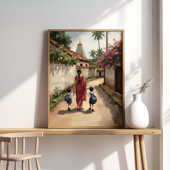 Woman in Saree Mother Child Art Print: Modern South Asian Wall Decor (Digital Download)