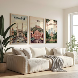 Ensemble d'affiches de voyage en Inde : Jaipur, Hyderabad, Bangalore (téléchargement numérique)
