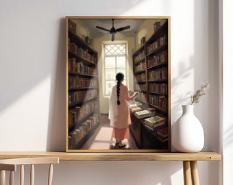 Indian Woman Reading Art Print: South Asian Library Illustration (Digital Download