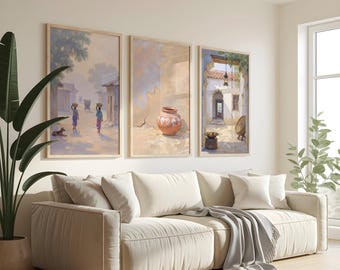 Indian Village Decor, Set of 3, Indian Vintage Art, Minimalist decor, South asian wall art,  Indian Village Art