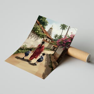 May include: An art print depicting a woman in a red sari walking with two children in school uniforms. The scene is set on a sunny street with a temple in the background, surrounded by lush greenery and pink flowers.