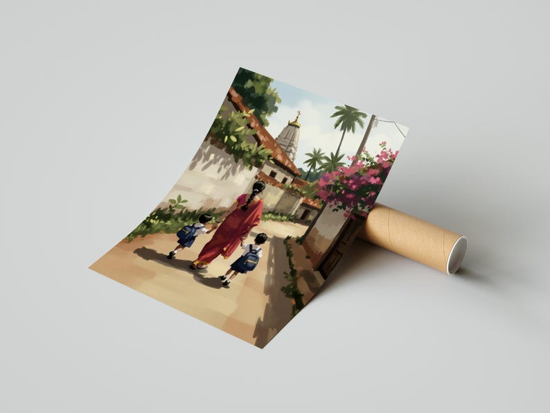 May include: An art print depicting a woman in a red sari walking with two children in school uniforms. The scene is set on a sunny street with a temple in the background, surrounded by lush greenery and pink flowers.