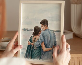 South Asian Custom Couple Watercolor Illustration, South Asian Couple Art, Photo to Illustration, Engagement Anniversary gift